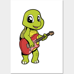 Cartoon turtle playing electric guitar Posters and Art